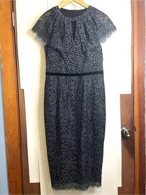 NWT London Times Women’s Size 8 Gray Lace Midi Dress with Cap Lace Overlay